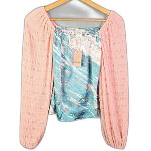 Grace and Emma Womens Peasant Blouse Pink Green M Smocked Off Shoulder Boho